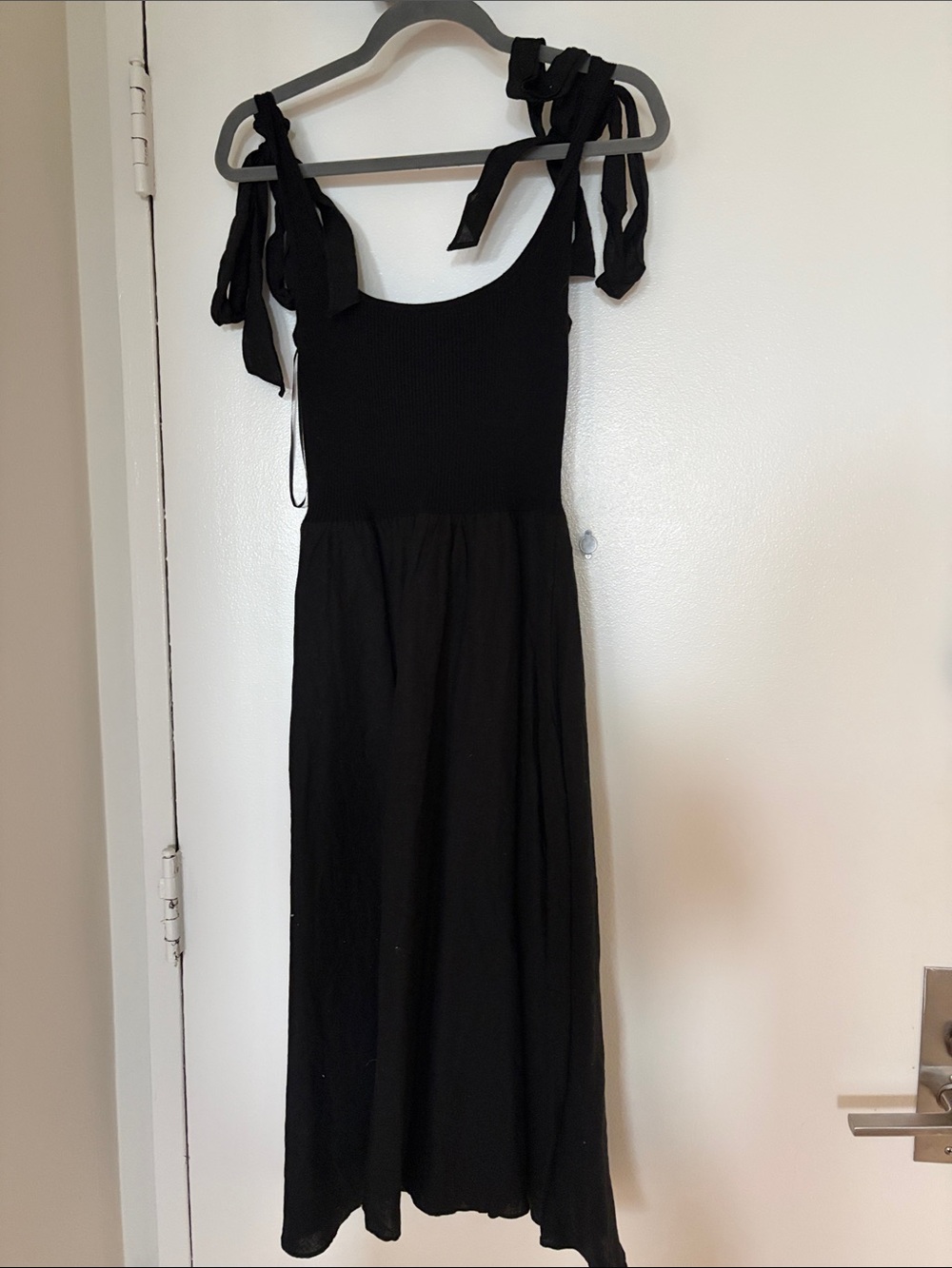 Lucy Paris Black Ribbed Bodice Tie-Shoulder Midi Dress